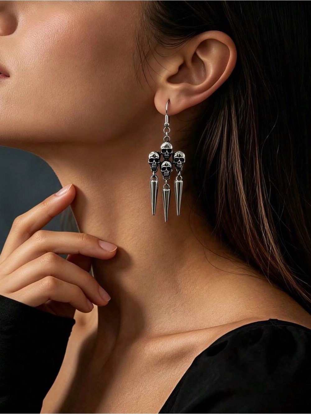 Gothic Silver Skull Spike Dangle Earrings